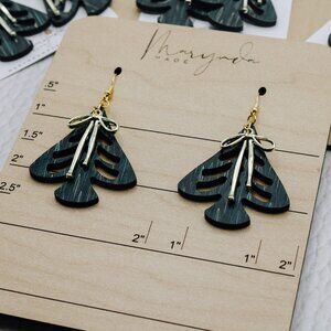 Wood Christmas Tree Earrings | Green Laser Cut Dangles with Gold Bow | Holiday